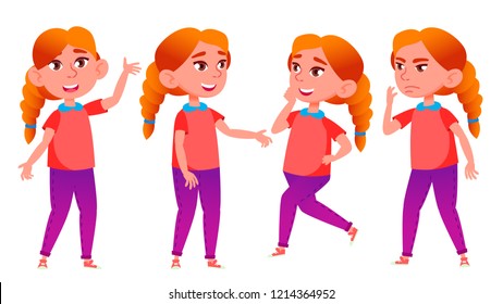 Girl Schoolgirl Kid Poses Set Vector. High School Child. Redhead. Child Pupil. University, Graduate, Class. For Postcard, Cover, Placard Design. Isolated Cartoon Illustration