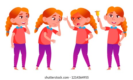 Girl Schoolgirl Kid Poses Set Vector. Redhead. High School Child. Secondary Education. Casual Clothes, Friend. For Presentation, Invitation, Card Design. Isolated Cartoon Illustration