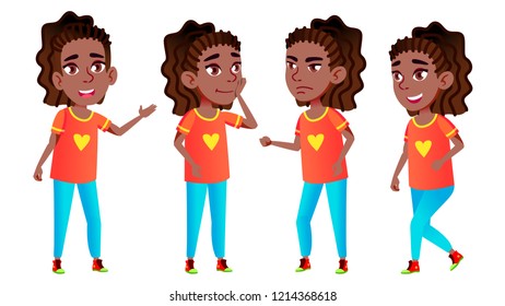 Girl Schoolgirl Kid Poses Set Vector. Black. Afro American. High School Child. Classmate. Life, Emotional, Pose. For Presentation, Print, Invitation Design. Isolated Cartoon Illustration
