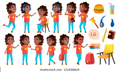 Girl Schoolgirl Kid Poses Set Vector. Black. Afro American. High School Child. Children Study. Smile, Activity, Beautiful. For Postcard, Announcement, Cover Design. Isolated Cartoon Illustration
