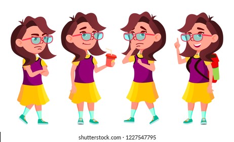 Girl Schoolgirl Kid Poses Set Vector.   Isolated Cartoon Illustration