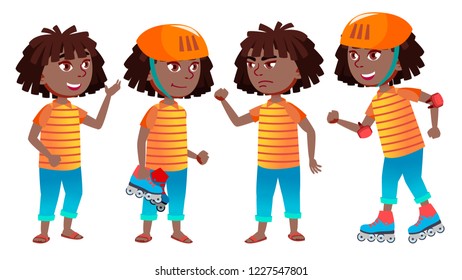 Girl Schoolgirl Kid Poses Set Vector. Black.  Isolated Cartoon Illustration
