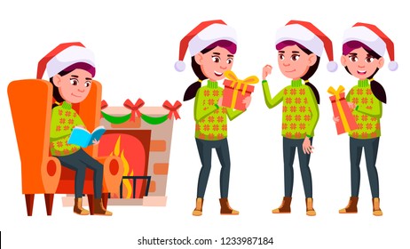 Girl Schoolgirl Kid Poses Set Vector. High School Child. High School. Young People, Face, Cheerful. For Advertising, Booklet, Placard Design. Isolated Cartoon Illustration