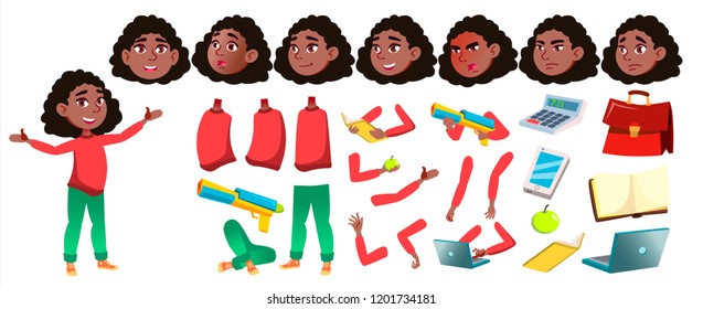 Girl Schoolgirl Kid Vector. Black. Afro American. High School Child. Animation Creation Set. Face Emotions, Gestures. Secondary Education. Lecture. For Web, Brochure, Poster Illustration