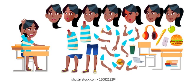 Girl Schoolgirl Kid Vector. Black. Afro American. High School Child. Animation Creation Set. Face Emotions, Gestures. High School. Young People, Face, Cheerful. Animated. Isolated Illustration