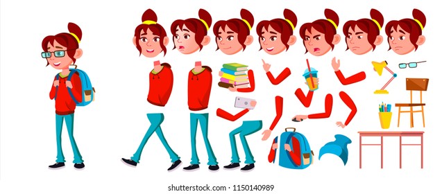 Girl Schoolgirl Kid Vector. High School Child. Animation Creation Set. Emotions, Gestures. School Student. Expression, Positive Person.  Web, Brochure, Poster Design. Animated. Cartoon Illustration