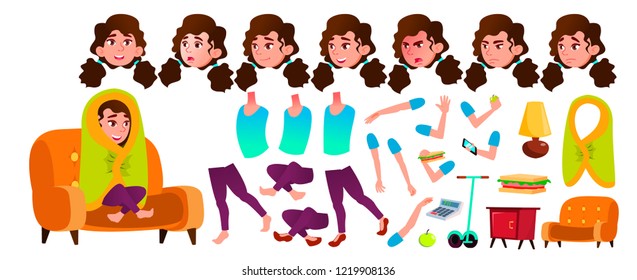 Girl Schoolgirl Kid Vector. High School Child. Animation Creation Set. Face Emotions, Gestures. Teaching, Educate, Schoolkid. For Advertising, Booklet, Placard Design. Animated. Isolated Illustration