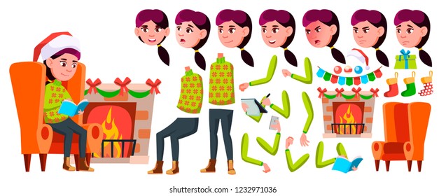 Girl Schoolgirl Kid Vector. High School Child. Animation Creation Set. Face Emotions, Gestures. Children. Smile, Activity, Beautiful. For Postcard, Announcement, Cover Design. Animated. Isolated
