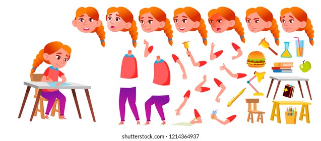 Girl Schoolgirl Kid Vector. Redhead. High School Child. Animation Creation Set. Face Emotions, Gestures. Young, Cute, Comic. For Card, Advertisement, Greeting Design. Animated. Illustration