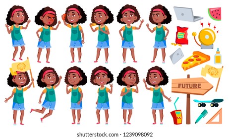 Girl Schoolgirl  Poses Set Vector. Black. Afro American Pupil. For Banner, Presentation Design. Isolated Cartoon Illustration
