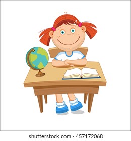 Girl schoolgirl sitting at the table. On the table book globe. Vector illustration.