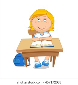 Girl schoolgirl sitting at the table. Vector illustration.