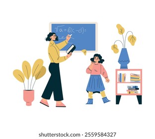 Girl Schoolkid Character at Chalkboard with Teacher in Class Vector Illustration