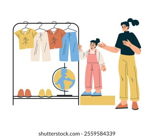 Girl Schoolkid Character Dress Up for School with Mom Vector Illustration