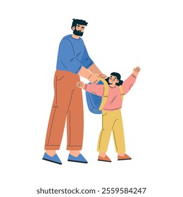 Girl Schoolkid Character Going to School with Dad Vector Illustration