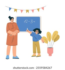 Girl Schoolkid Character in School at Chalkboard with Teacher Do Math Sum Vector Illustration