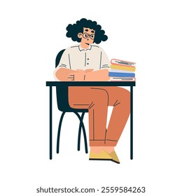 Girl Schoolkid Character in School Sit at Desk Have Lesson Vector Illustration