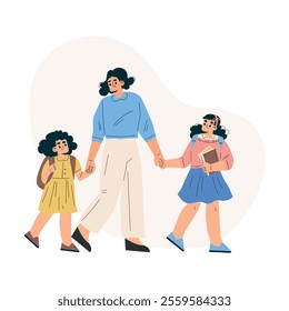 Girl Schoolkids Character Walk to School with Mom Holding Hands Vector Illustration