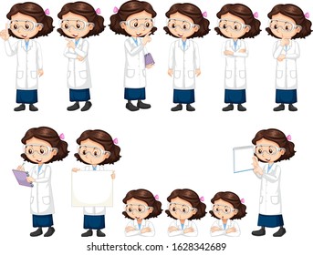 Girl in science gown doing different poses illustration