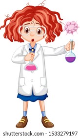 Girl in science gown holding test tubes illustration