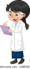 Girl in science gown writing on white background illustration