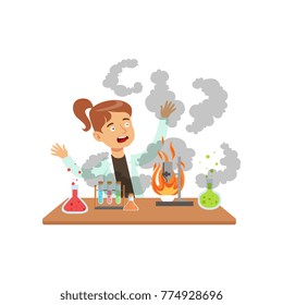 Girl scientist after a failed experiment, mixture explosion, schoolgirl at chemistry lesson vector Illustration