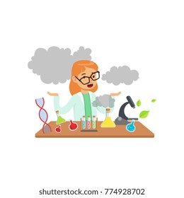 Muchacha científica después de un experimento fallido, escolar en la clase de química vector Ilustración