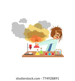 Girl scientist after a failed experiment, mixture explosion, schoolgirl at chemistry lesson vector Illustration