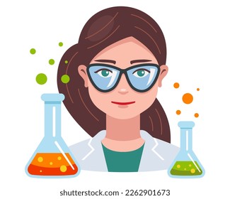 girl scientist in glasses with flasks. chemistry teacher. flat vector illustration.
