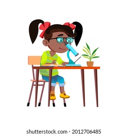 Girl Scientist Researching With Microscope Vector. African Schoolgirl Scientist Research And Studying With Laboratory Equipment. Character Child Study Science Flat Cartoon Illustration