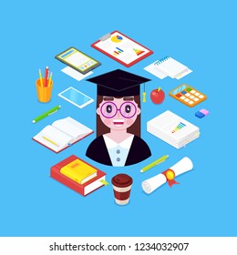 Girl scientist with stationary - books, pen,pencil,calculator on blue background.