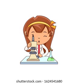 Girl scientist using microscope, cute child