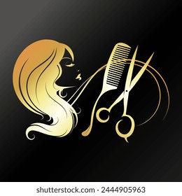 Girl with scissors and comb, gold design for beauty salon