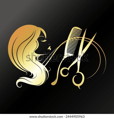 Girl with scissors and comb, gold design for beauty salon
