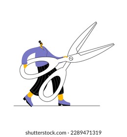 A girl with scissors is cutting something. Vector illustration, icon, design element.