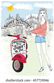 girl with a scooter and city