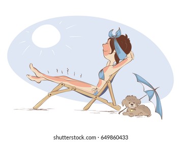 The girl was scorched in the sun / Young woman is sunbathing on a deck-chair,  funny vector illustration