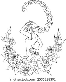 A garota do horóscopo de escorpião. Um desenho linear de uma menina com flores de rosa. Para imprimir cartões postais, livros de colorir, cartões. Para impressão de roupas, pratos, tatuagens. Um símbolo místico na astrologia