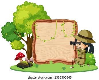 Girl scout with binoculars on wooden signboard illustration