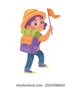 Girl Scout Character in Hat and Backpack Walking with Flag Pole Vector Illustration