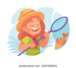 Girl Scout Character in Hat Catching Fish with Net Vector Illustration