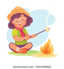 Girl Scout Character in Hat Sit and Frying Marshmallow with Burning Fire Vector Illustration