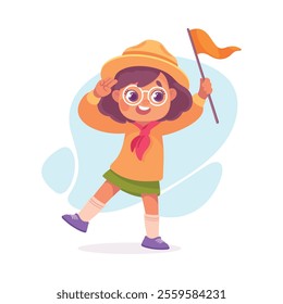 Girl Scout Character in Hat Stand with Flag Pole Vector Illustration