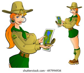Girl scout with a compass and a map.