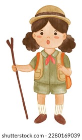 Girl scout with hiking suit hold scout stave . Realistic watercolor paint with paper textured . Cartoon character design . Vector .