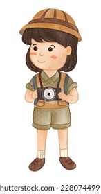 Girl scout with hiking suit hold camera . Realistic watercolor paint with paper textured . Cartoon character design . Vector .
