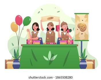 Girl Scout Illustration, Girls Selling Cookies To Learn Entrepreneurship. This Illustration Can Be Use For Website, Landing Page, Web, App, And Banner.