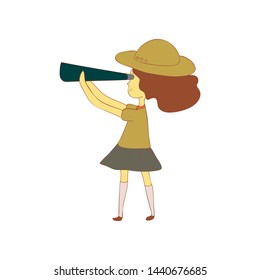 Girl scout looking into a telescope. Vector illustration on white background.