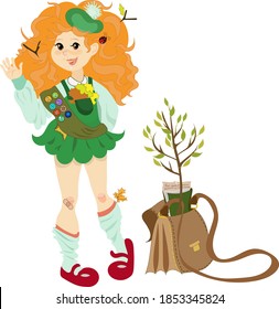 
girl scout with red hair hangings and a bag from which a tree peeps