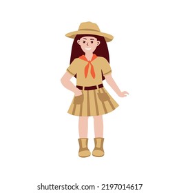 Girl Scout. Girl In Uniform And Boy Scout Hat. Clipart For Website About Kids Clubs, Camping, Hiking. Vector Flat Illustration, Cartoon Style.